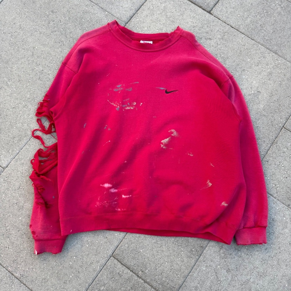 Vintage Nike Small Swoosh Crewneck Sweatshirt Red Distressed Paint XL USA Made